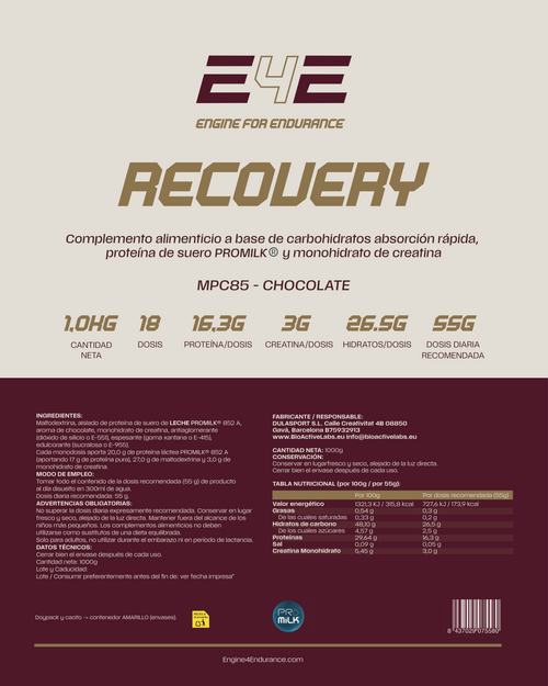 E4E Recovery Pro 3-en-1 | Proteína MPC85 + Creatina + Hidratos | 1 kg — 18 dosis