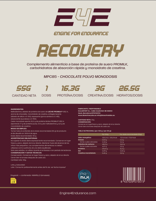 E4E Recovery Pro 3-en-1 | Proteína MPC85 + Creatina + Hidratos | Monodosis 55