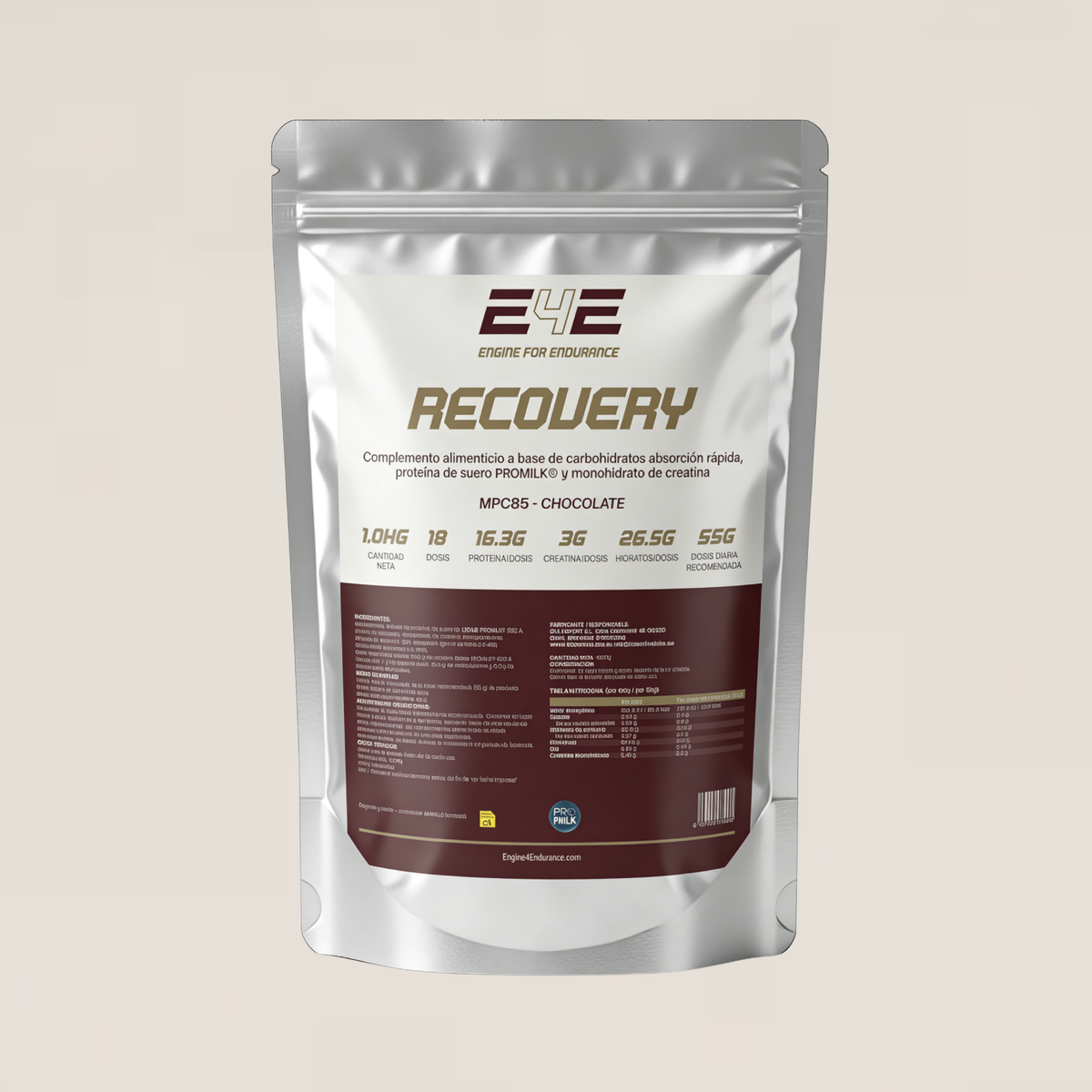 E4E Recovery Pro 3-en-1 | Proteína MPC85 + Creatina + Hidratos | 1 kg — 18 dosis